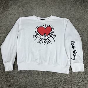 Keith Haring Sweatshirt Mens XL White Heart Graphic Fleece Pullover Love